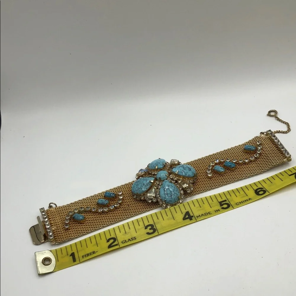 Vintage Gold Tone Mesh Cuff Bracelet Faux Turquoise Rhinestone Statement - Picture 3 of 7
